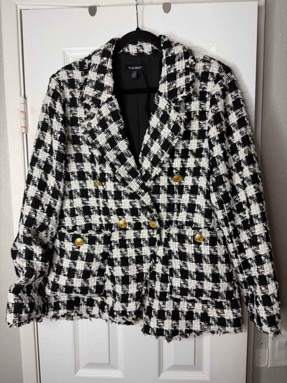 Ellen Tracy Tweed Double-Breasted Blazer with Gold Buttons